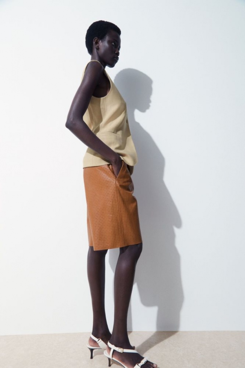 Brown Cos The Embossed-leather Bermuda Shorts | XAPUE2691