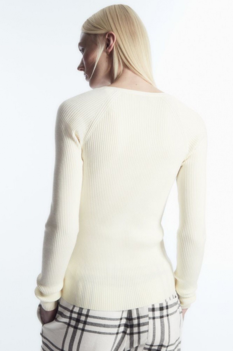 Cream Cos V-neck Ribbed Wool Henley Top | ZTMUO4906