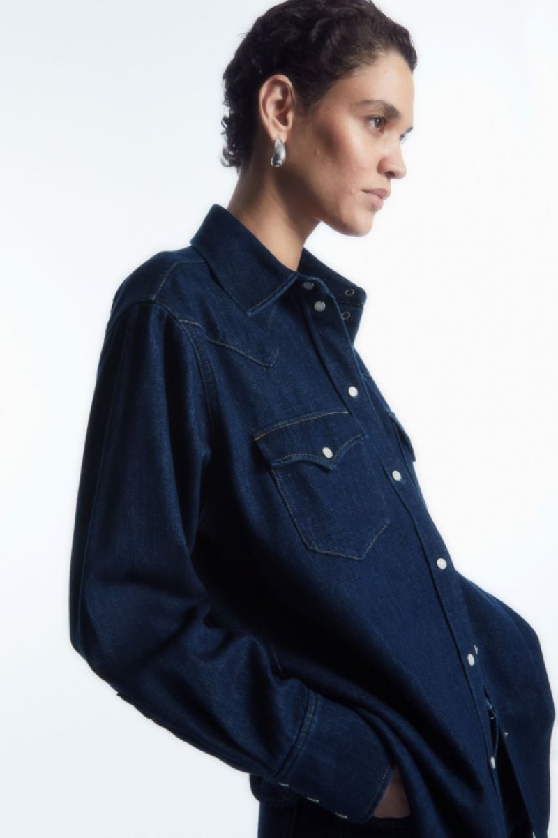 Dark Blue Cos Oversized Denim Western Shirt | ZKNIG7645