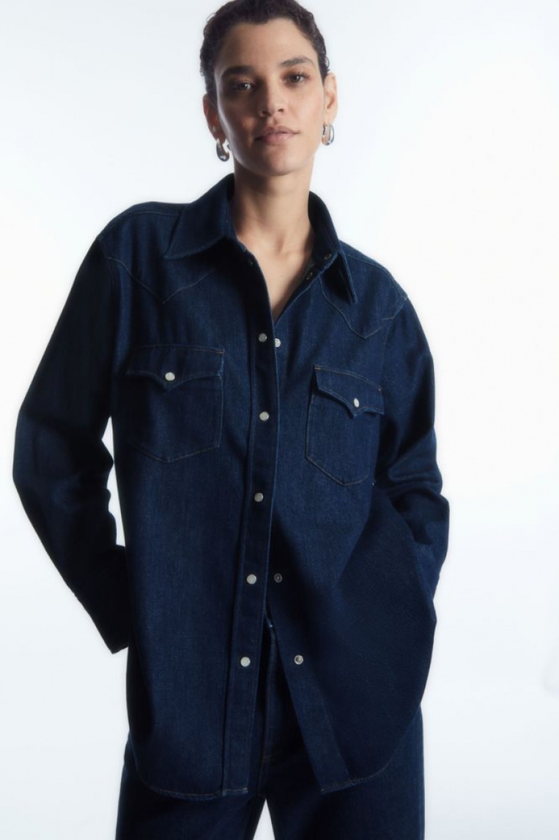 Dark Blue Cos Oversized Denim Western Shirt | ZKNIG7645