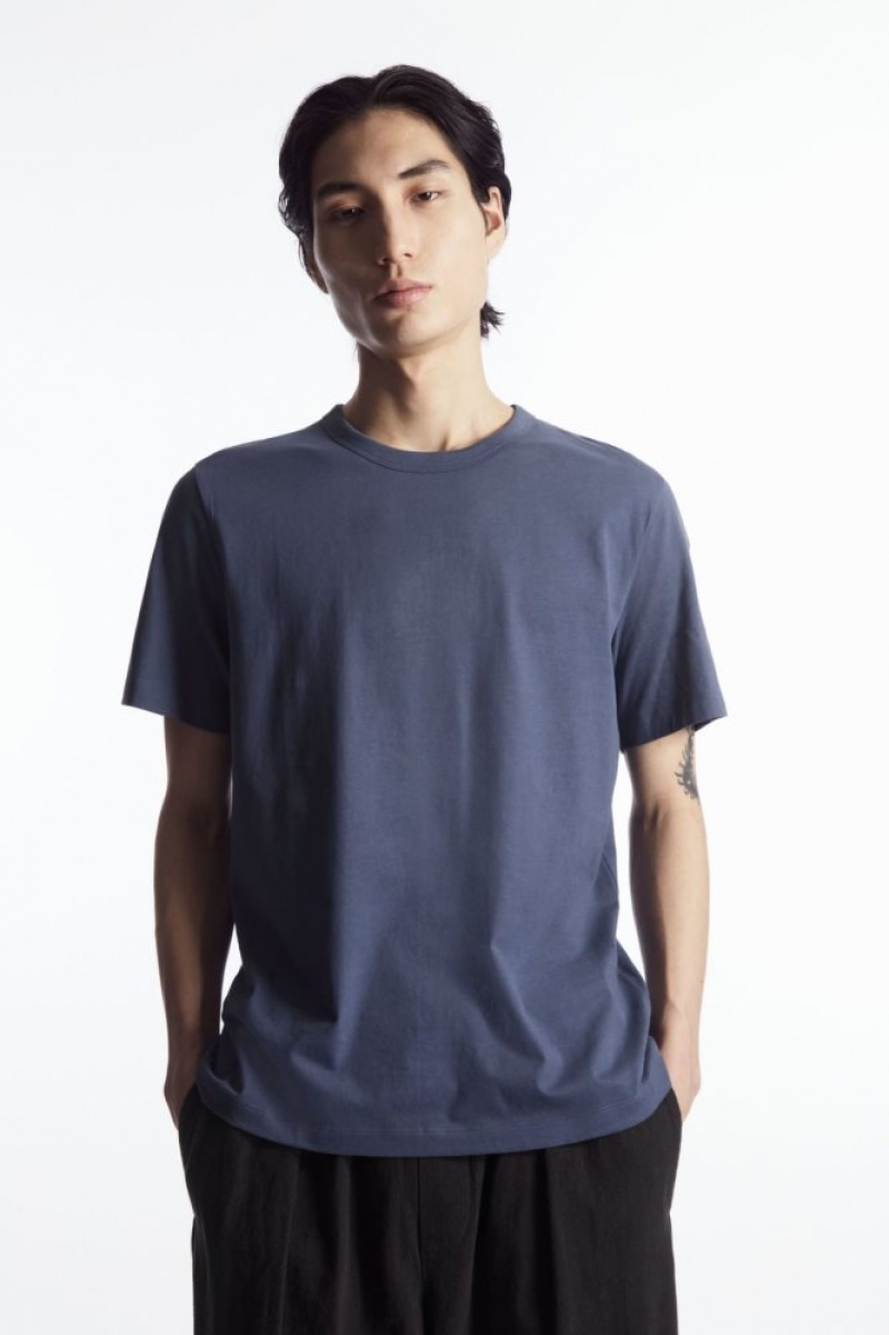 Dark Blue Cos Regular-fit Mid-weight Brushed T-shirt | JQDLW3760