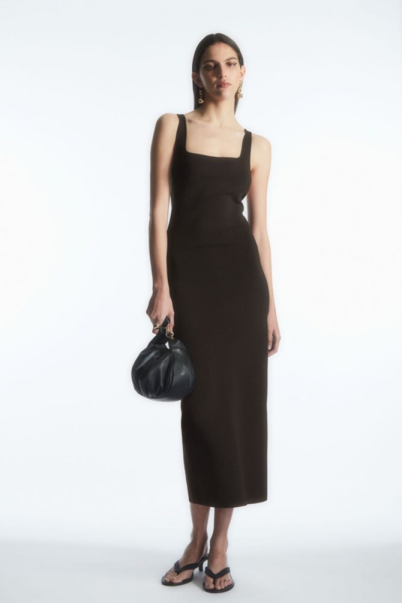 Dark Brown Cos Backless Square-neck Knitted Dress | MJFCQ2703