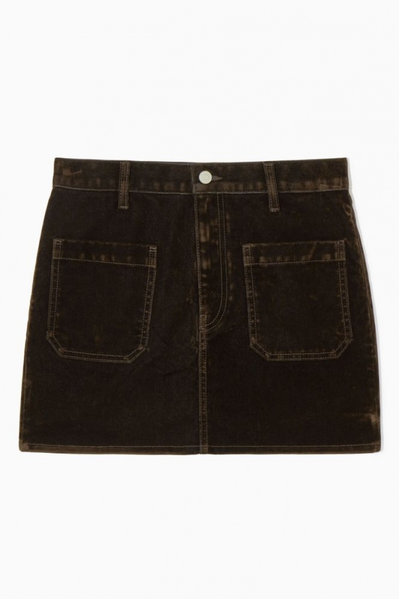 Dark Brown Cos Flocked-denim Mini Skirt | RDHXZ0539