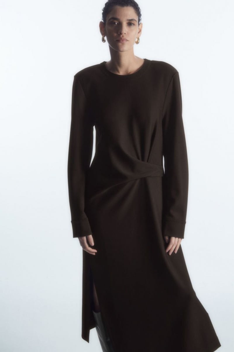 Dark Brown Cos Power-shoulder Midi Dress | SDRBQ7892