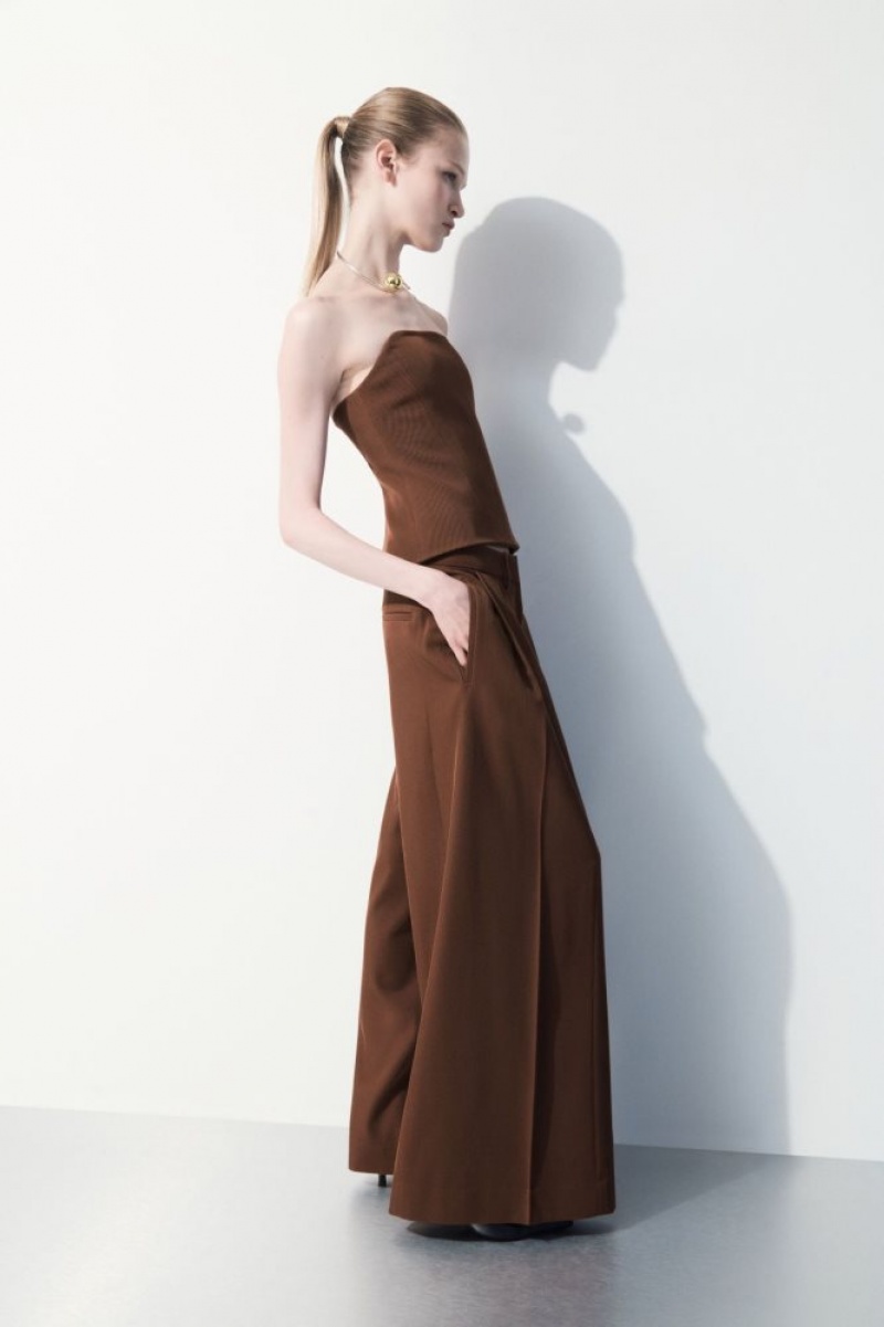 Dark Brown Cos The Wide-leg Wool Trousers | QFXZR1864