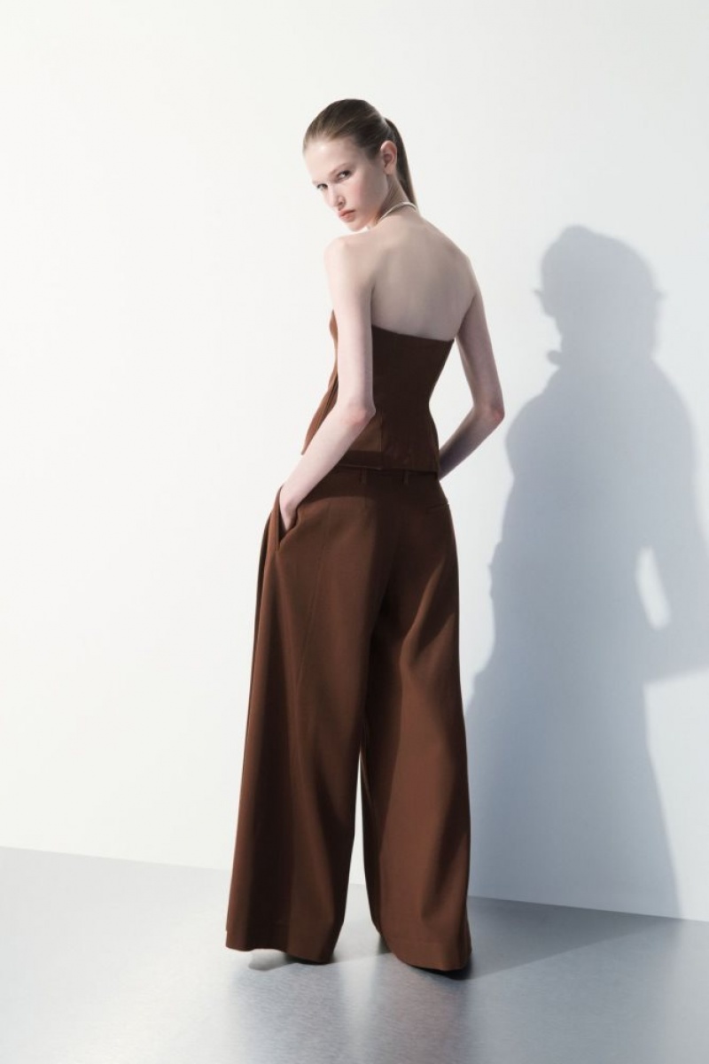 Dark Brown Cos The Wide-leg Wool Trousers | QFXZR1864