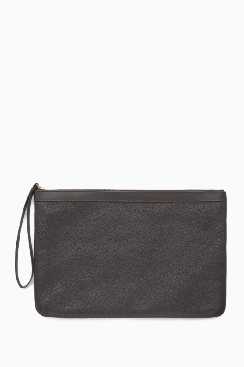 Dark Brown Cos Zipped Folio Pouch - Grained Leather | PJBGR3748