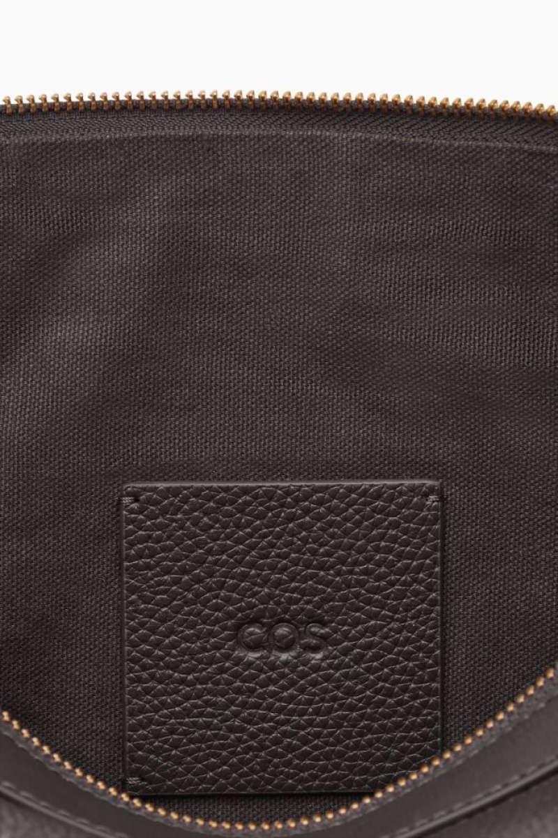 Dark Brown Cos Zipped Folio Pouch - Grained Leather | PJBGR3748