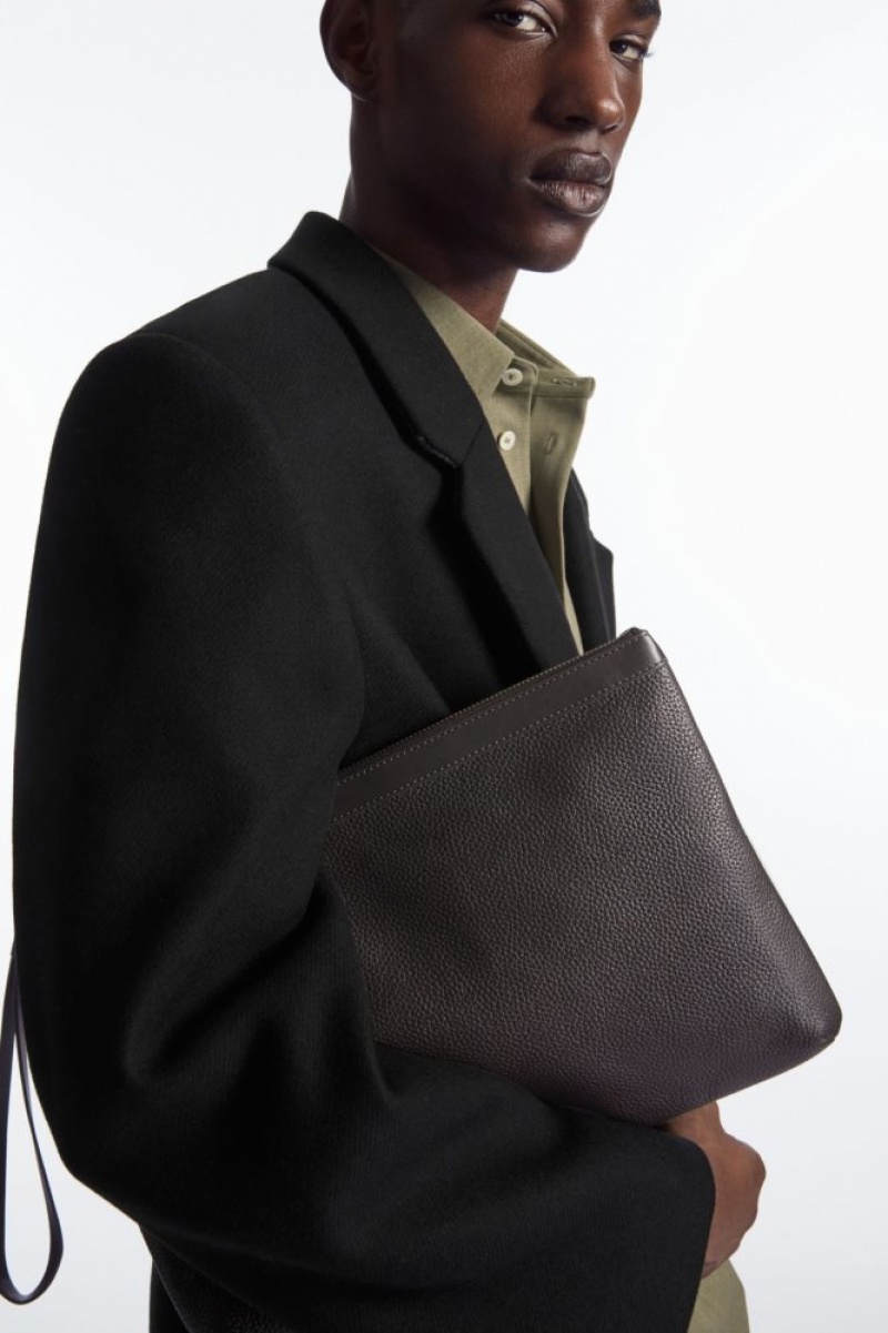 Dark Brown Cos Zipped Folio Pouch - Grained Leather | PJBGR3748