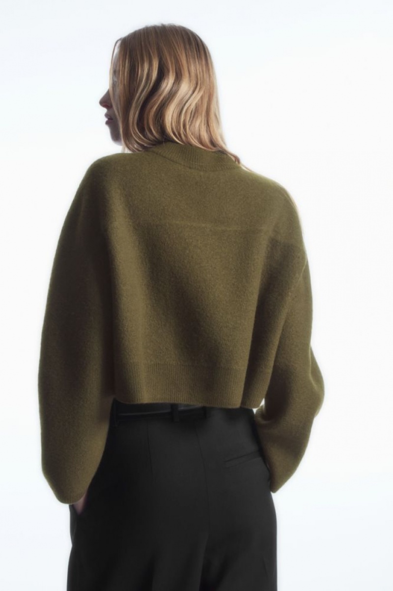 Dark Green Cos Cropped V-neck Wool Sweater | LINAF1703