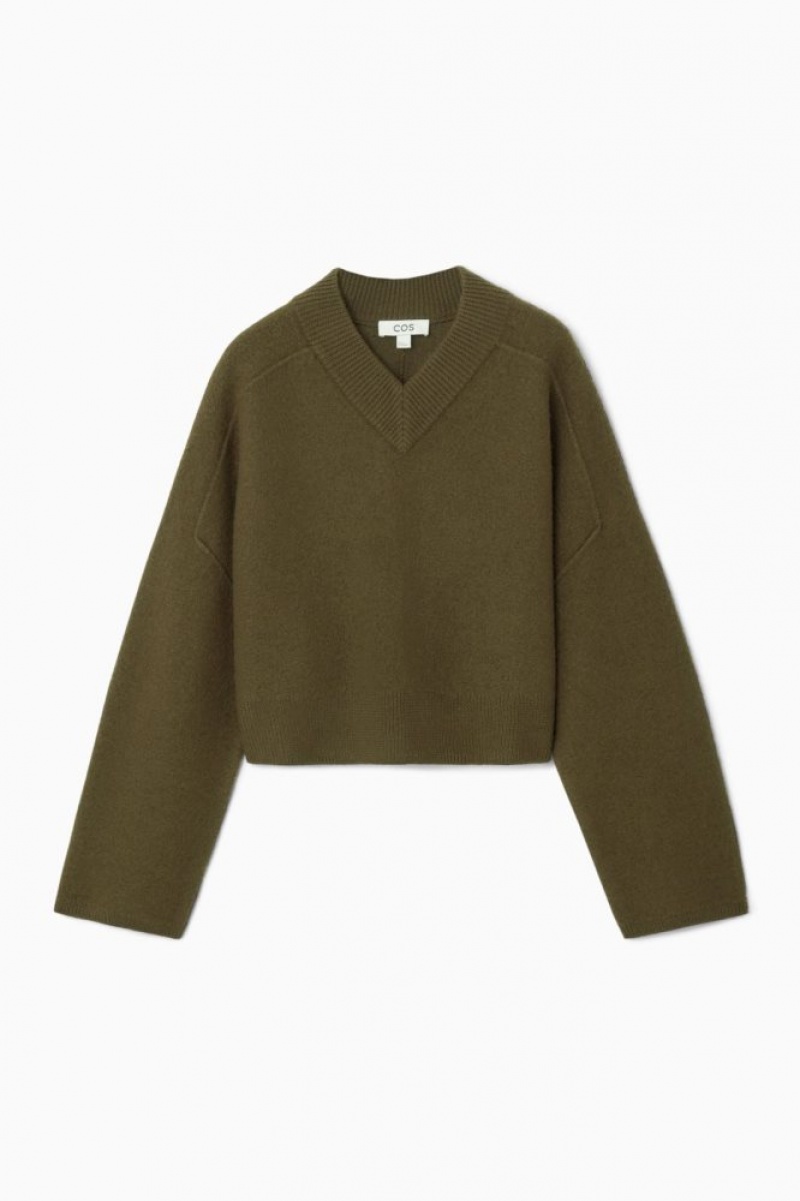 Dark Green Cos Cropped V-neck Wool Sweater | LINAF1703