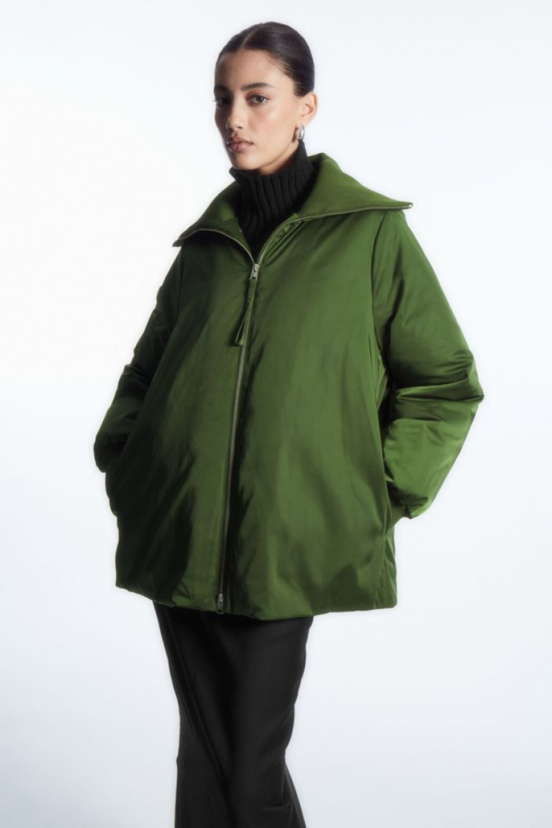 Dark Green Cos Ribbed-collar Puffer Jacket | UKOQT2609