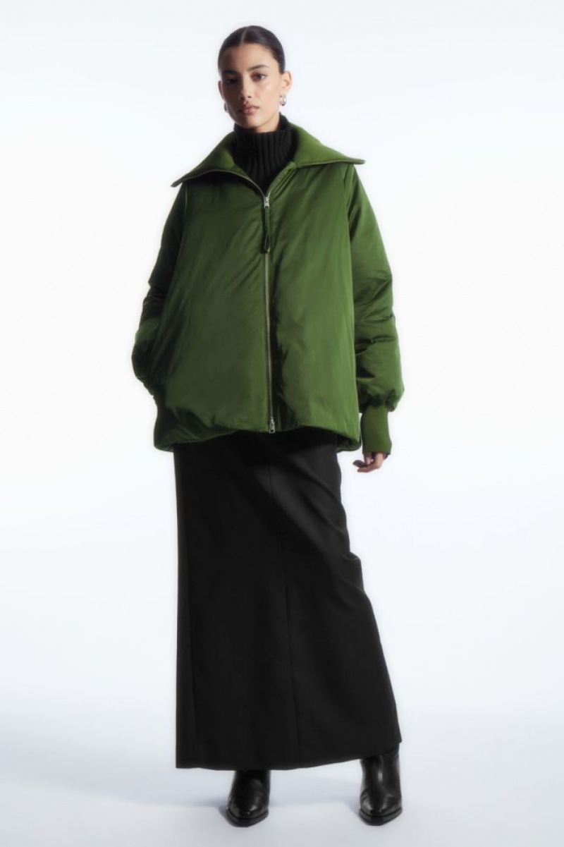 Dark Green Cos Ribbed-collar Puffer Jacket | UKOQT2609