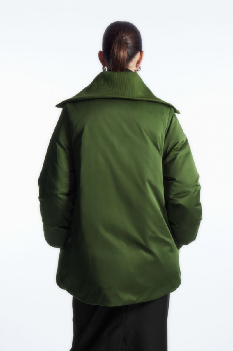 Dark Green Cos Ribbed-collar Puffer Jacket | UKOQT2609