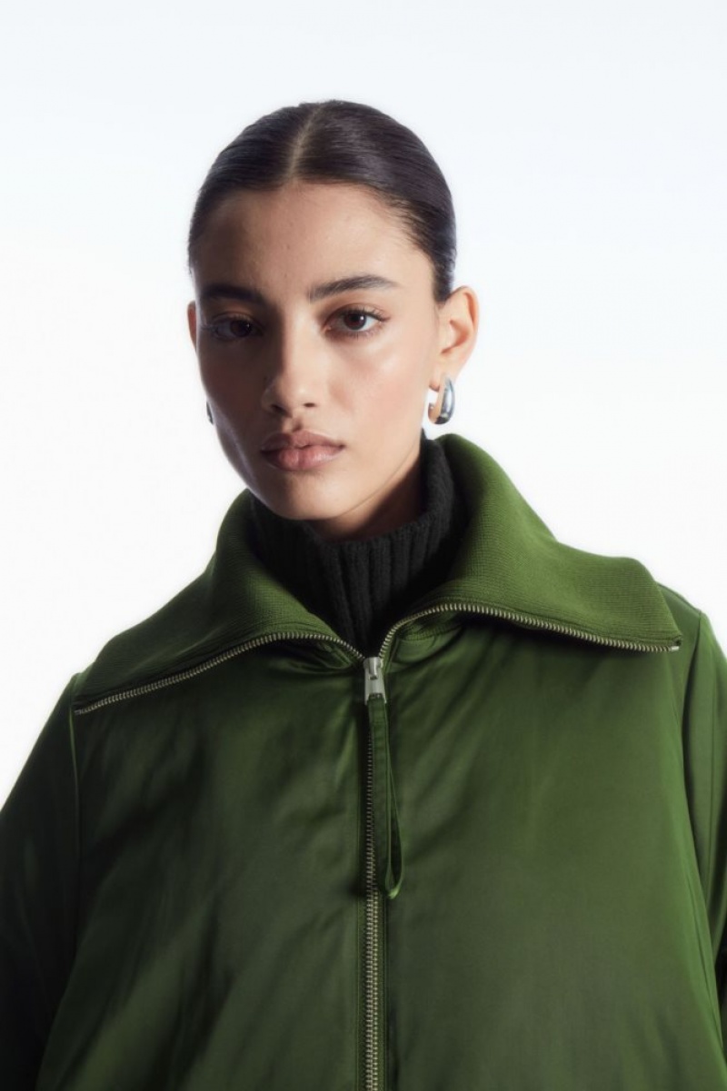 Dark Green Cos Ribbed-collar Puffer Jacket | UKOQT2609