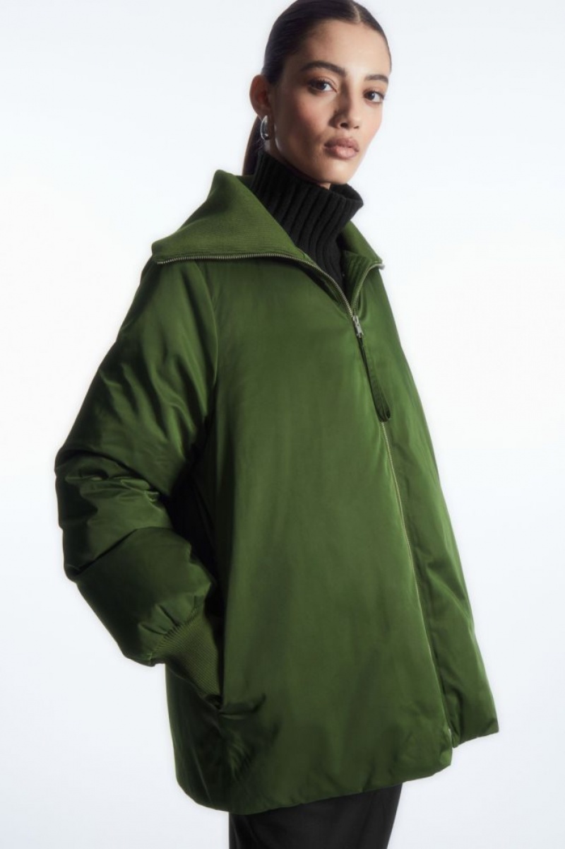 Dark Green Cos Ribbed-collar Puffer Jacket | UKOQT2609