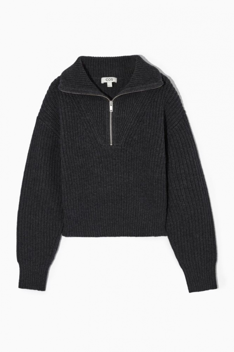 Dark Grey Cos Half-zip Funnel-neck Wool Sweater | YSQPJ3671