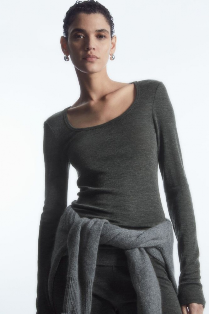 Dark Grey Cos Scoop-neck Merino Wool Long-sleeved Top | AVSLU7096