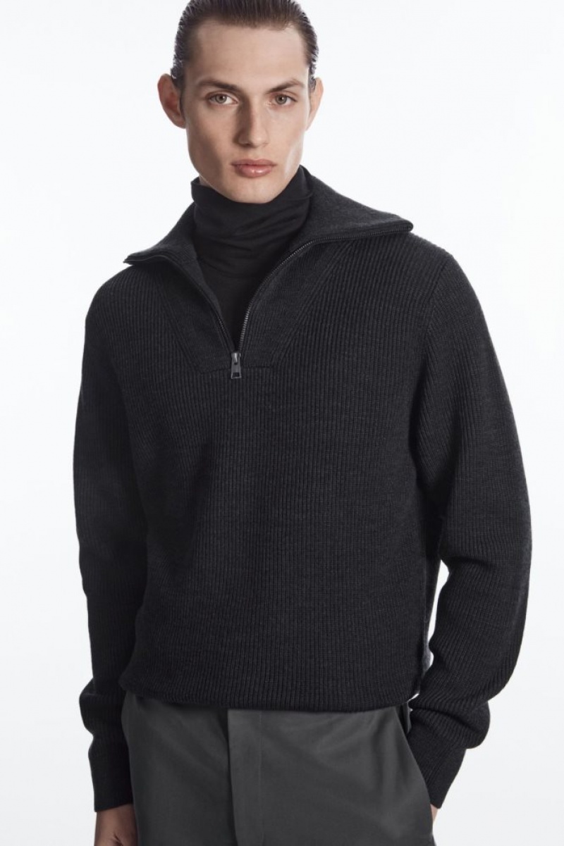 Dark Grey Cos Wool And Cotton-blend Half-zip Sweater | AWLYB1735