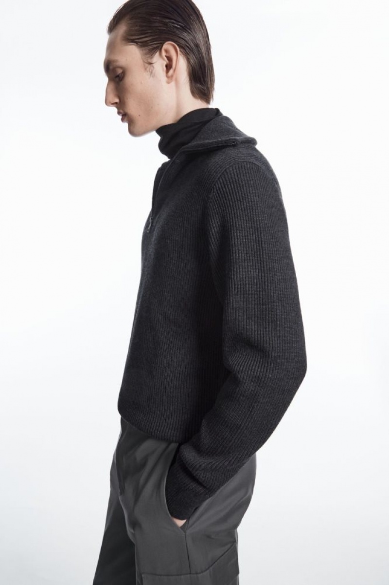 Dark Grey Cos Wool And Cotton-blend Half-zip Sweater | AWLYB1735