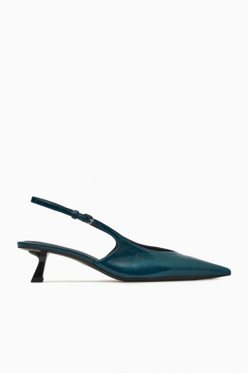 Dark Turquoise Cos Pointed Slingback Kitten Heels | LUJRD0281