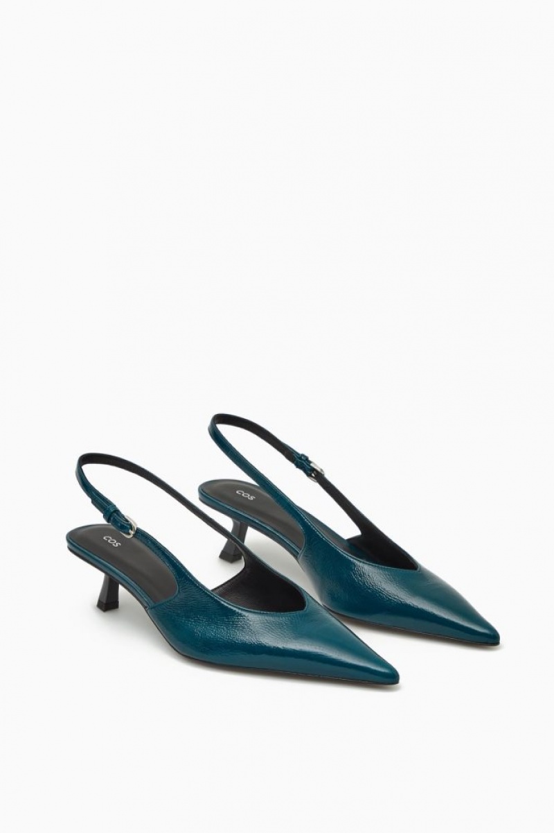 Dark Turquoise Cos Pointed Slingback Kitten Heels | LUJRD0281