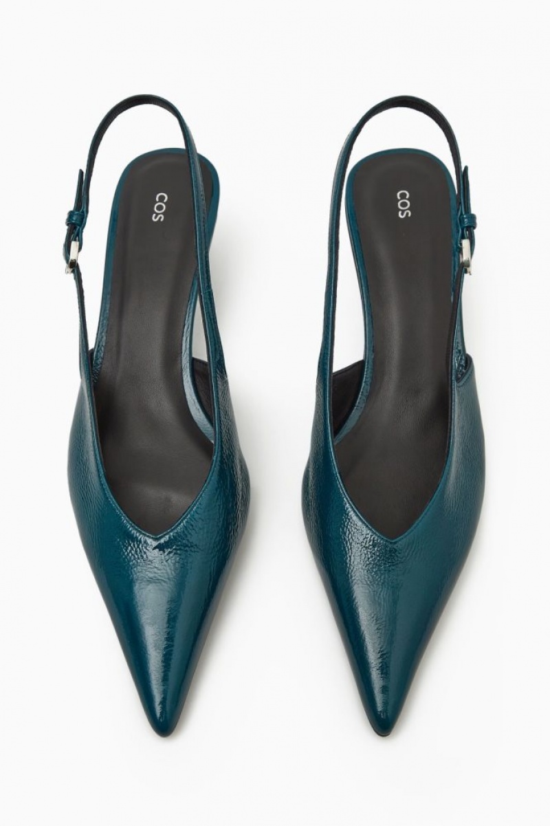 Dark Turquoise Cos Pointed Slingback Kitten Heels | LUJRD0281