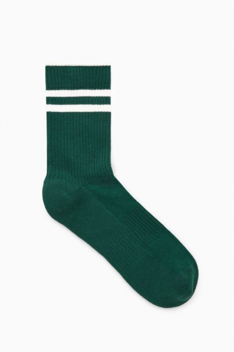 Green / White Cos Striped Sports Socks | QPHJA0765