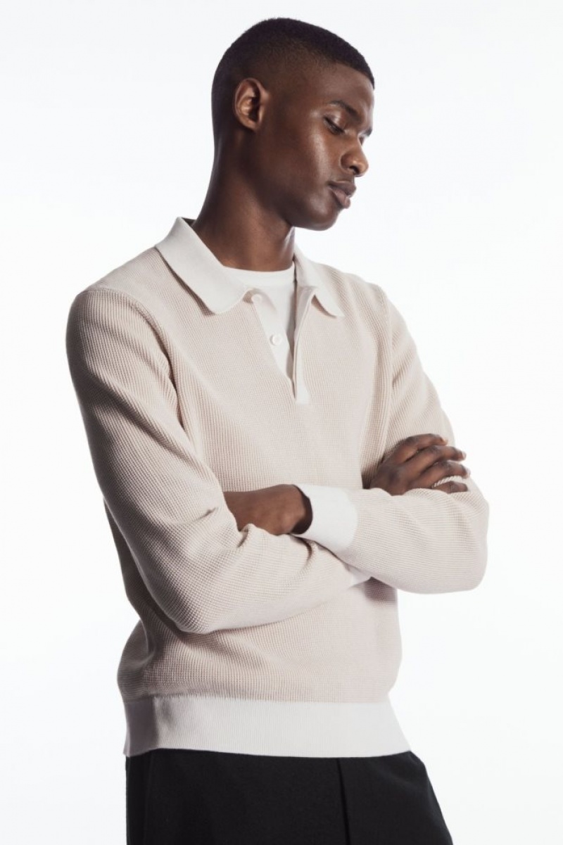 Grey Cos Contrast-trim Waffle-knit Polo Shirt | CYVZK2865