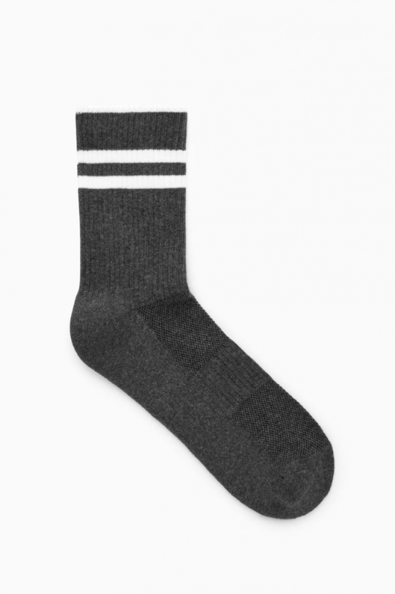 Grey / White Cos Striped Sports Socks | OCUJT2489