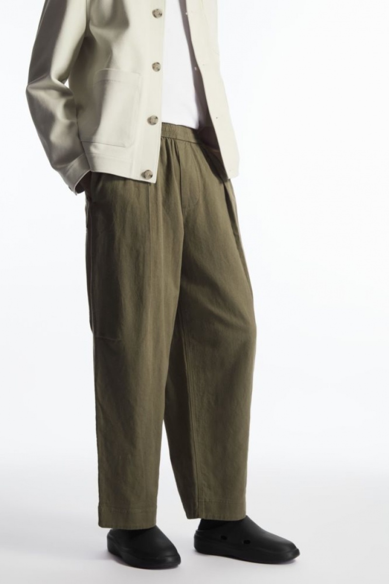 Khaki Cos Pleated Wide-leg Chambray Pants | BSWUK9638