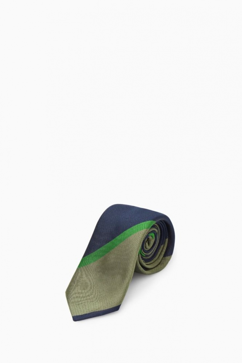 Khaki Green Cos Striped Pure Silk Tie | NKDXJ1243