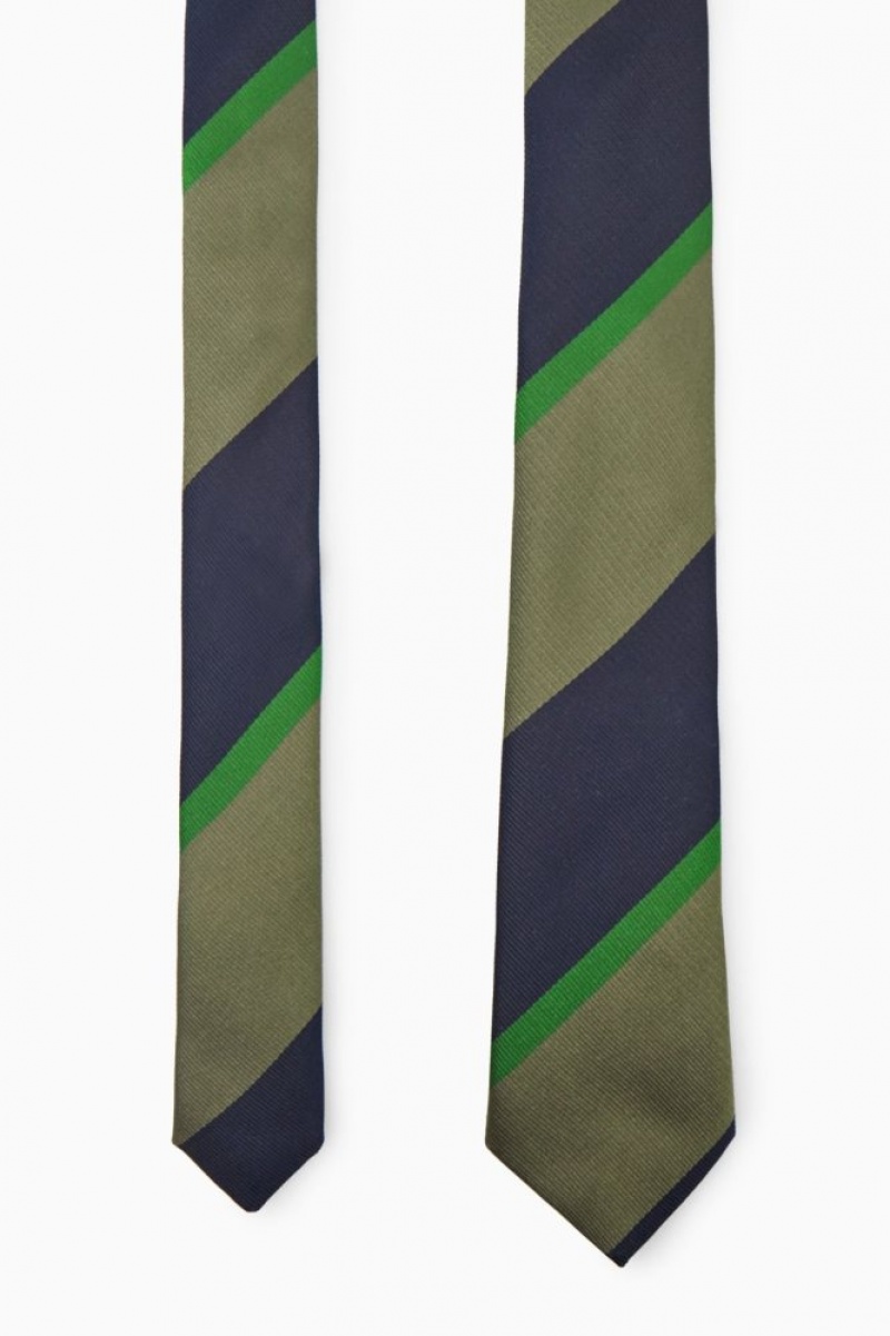 Khaki Green Cos Striped Pure Silk Tie | NKDXJ1243