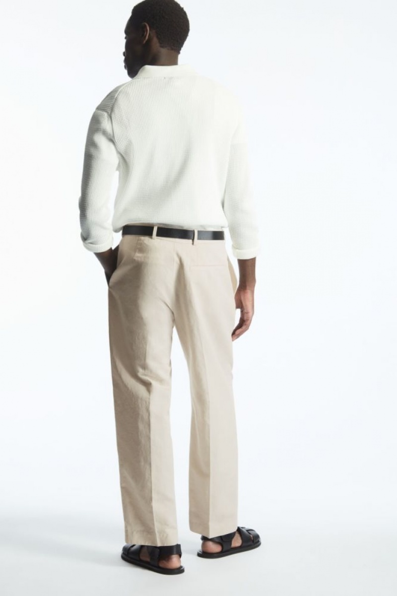 Light Beige Cos Pleated Straight-leg Linen-blend Trousers | XIEOT7604