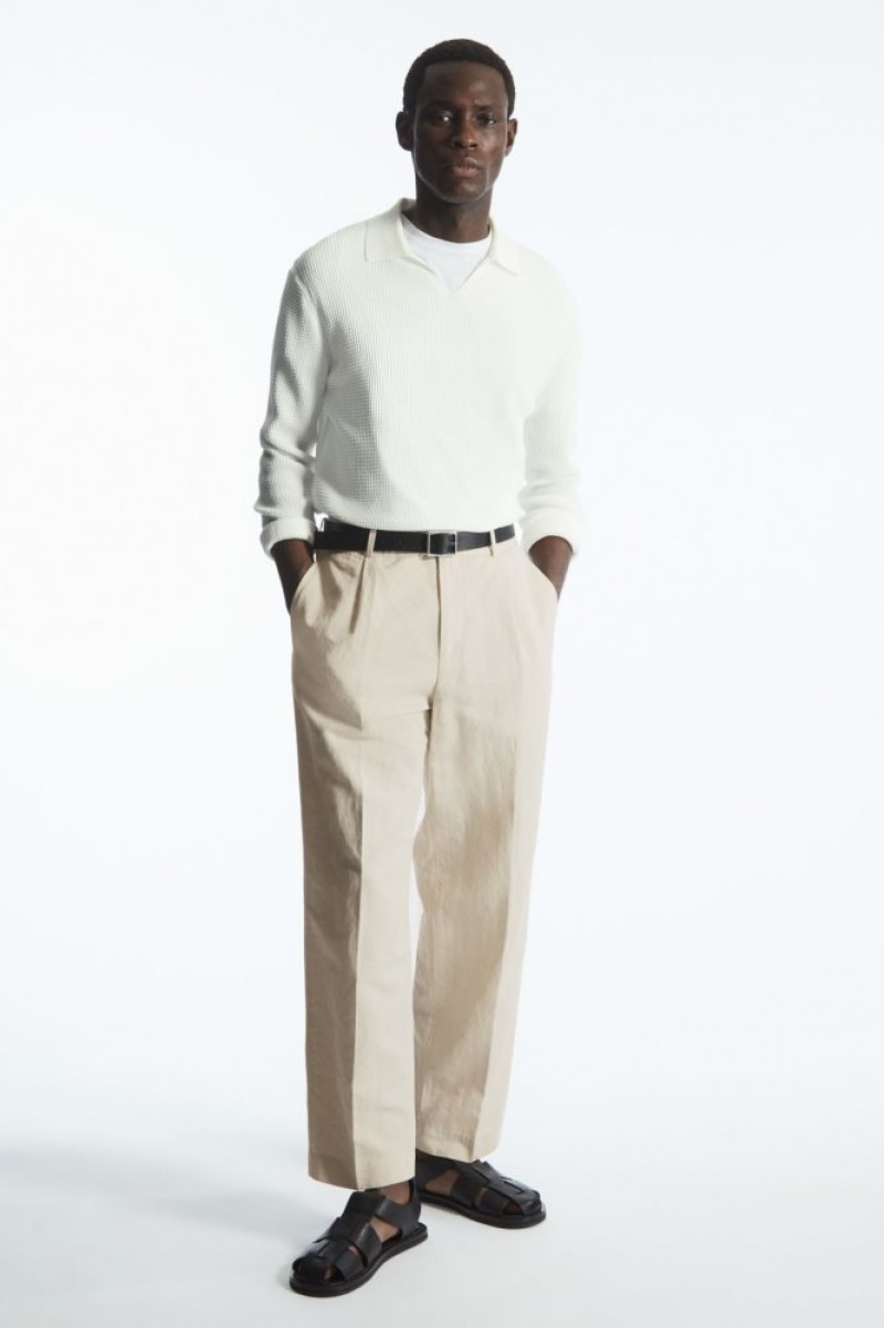 Light Beige Cos Pleated Straight-leg Linen-blend Trousers | XIEOT7604