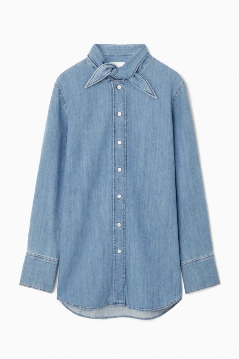 Light Blue Cos Tie-neck Dagger-collar Denim Shirt | NPSIL3948