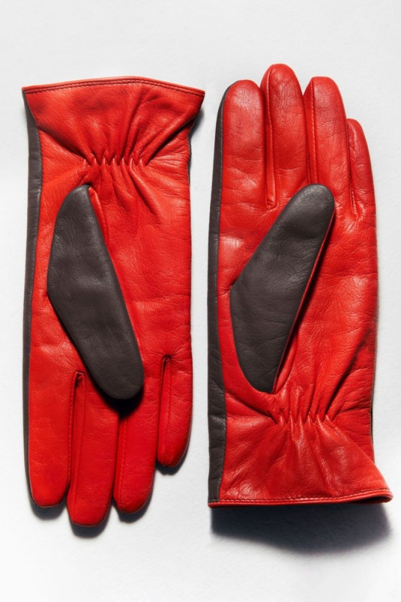 Light Red / Dark Brown Cos Cashmere-lined Color-block Leather Gloves | MRFPK3648