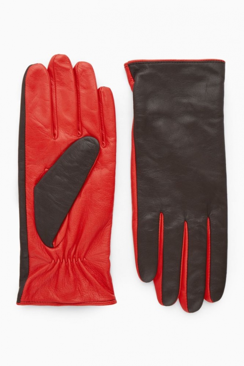 Light Red / Dark Brown Cos Cashmere-lined Color-block Leather Gloves | MRFPK3648