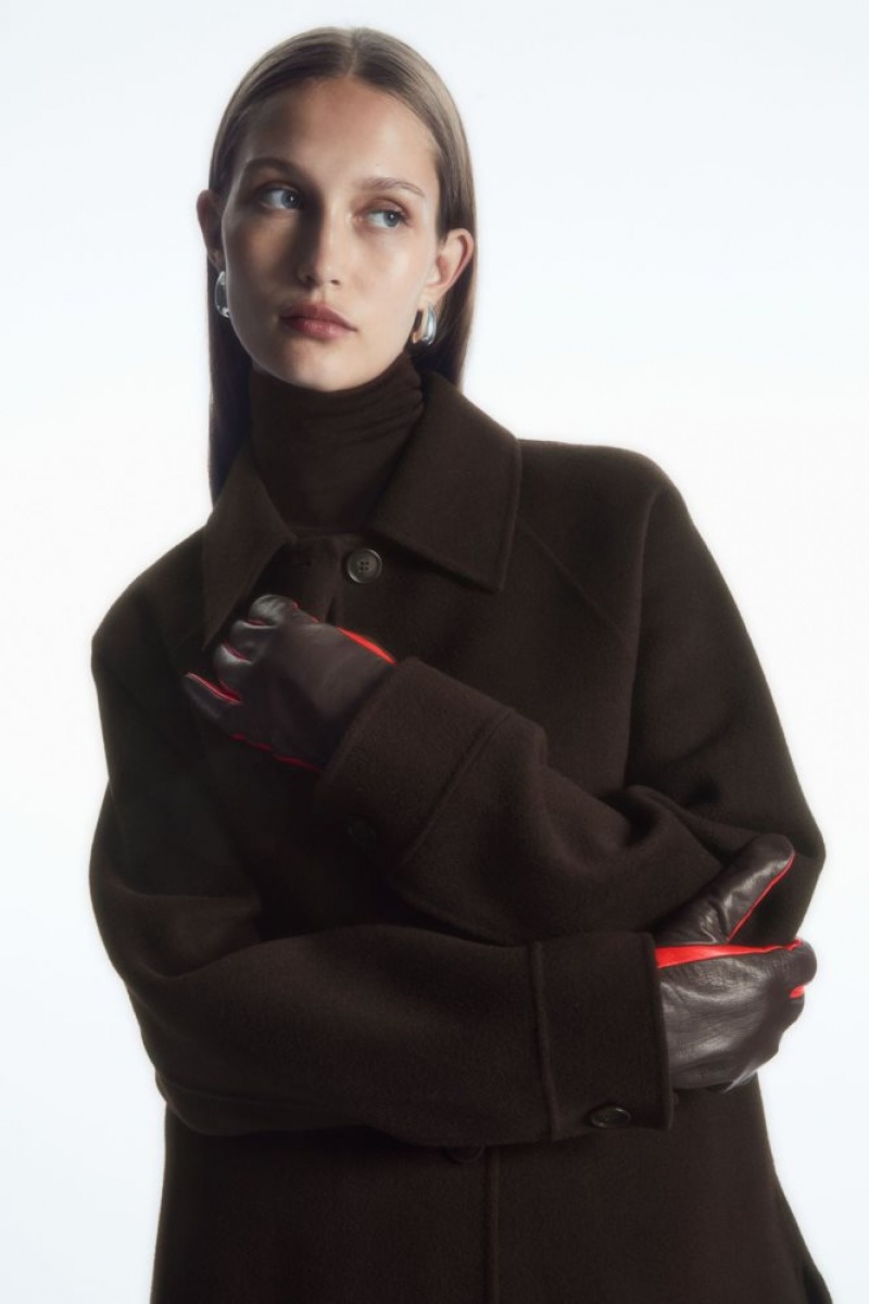 Light Red / Dark Brown Cos Cashmere-lined Color-block Leather Gloves | MRFPK3648