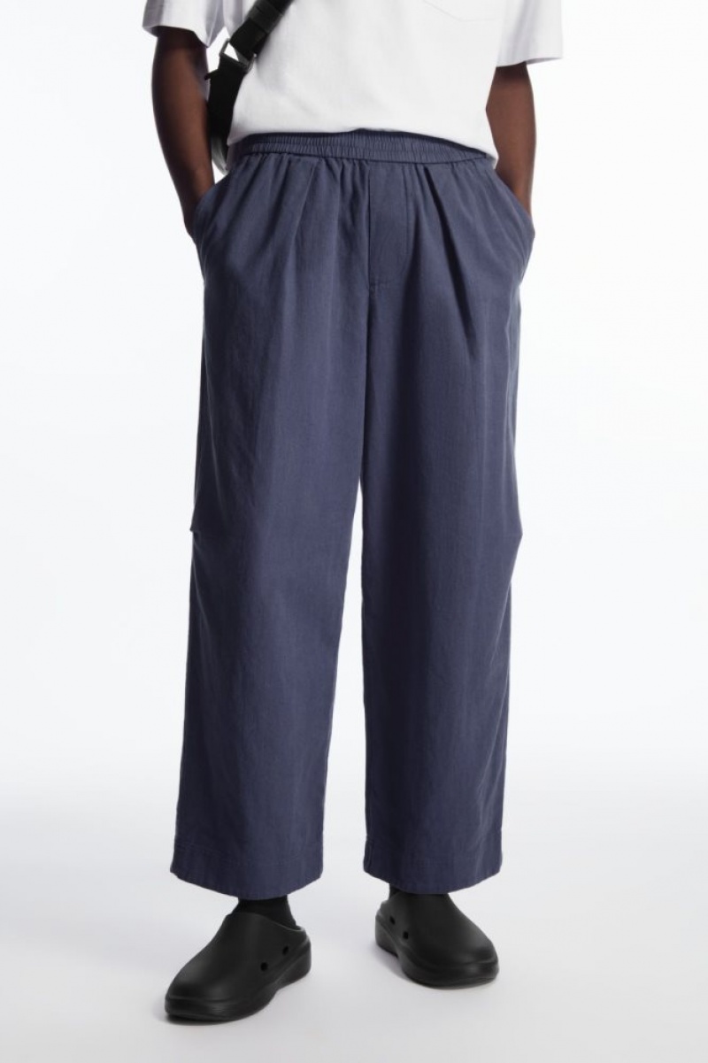 Navy Cos Pleated Wide-leg Chambray Pants | EHGDY2567