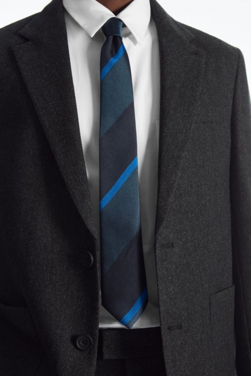 Navy / Blue Cos Striped Pure Silk Tie | BAELT2014