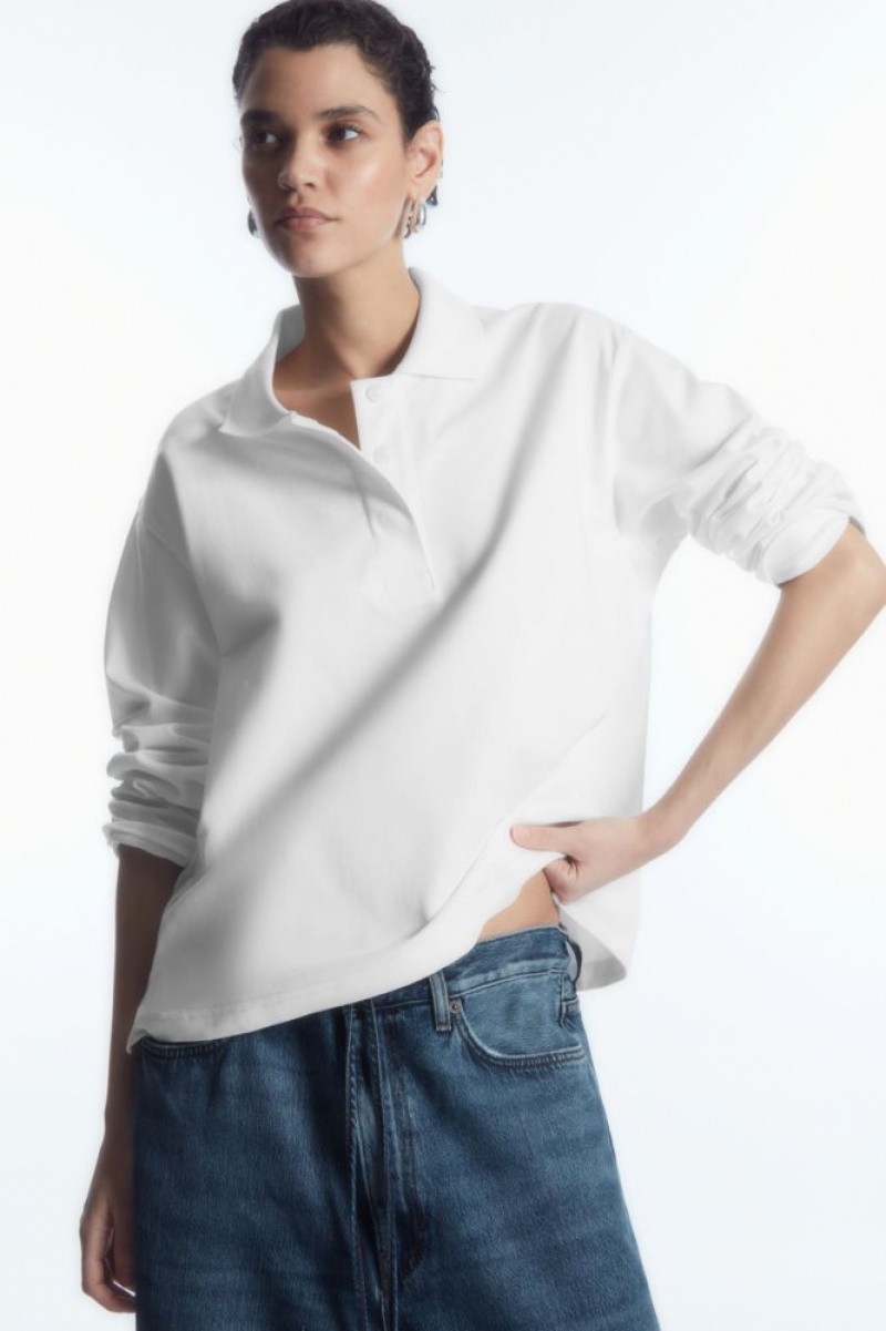 White Cos Long-sleeved Polo Shirt | JTUQV6534