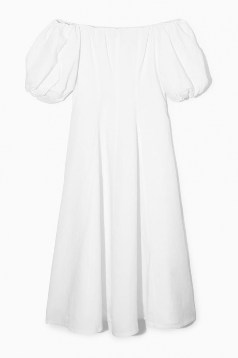 White Cos Off-the-shoulder Puff-sleeve Midi Dress | ERCQF9634