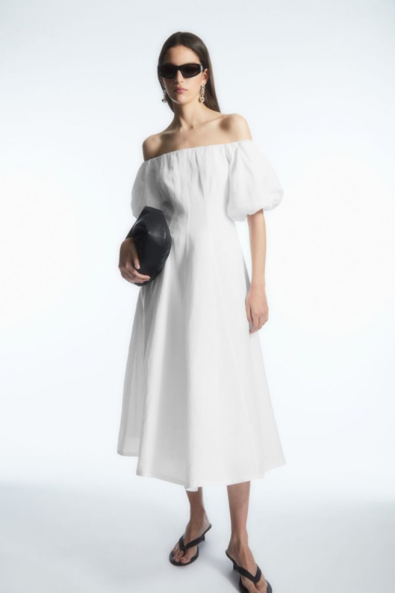 White Cos Off-the-shoulder Puff-sleeve Midi Dress | ERCQF9634