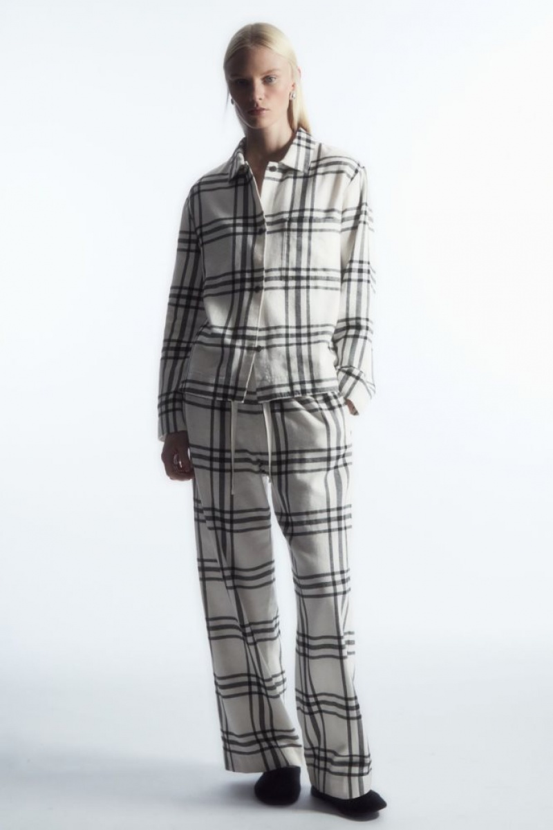 White / Black Cos Checked Flannel Pajama Set | FGPHL7539