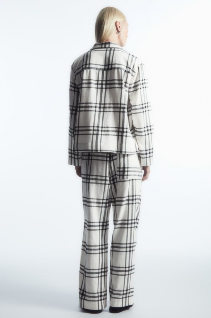 White / Black Cos Checked Flannel Pajama Set | FGPHL7539