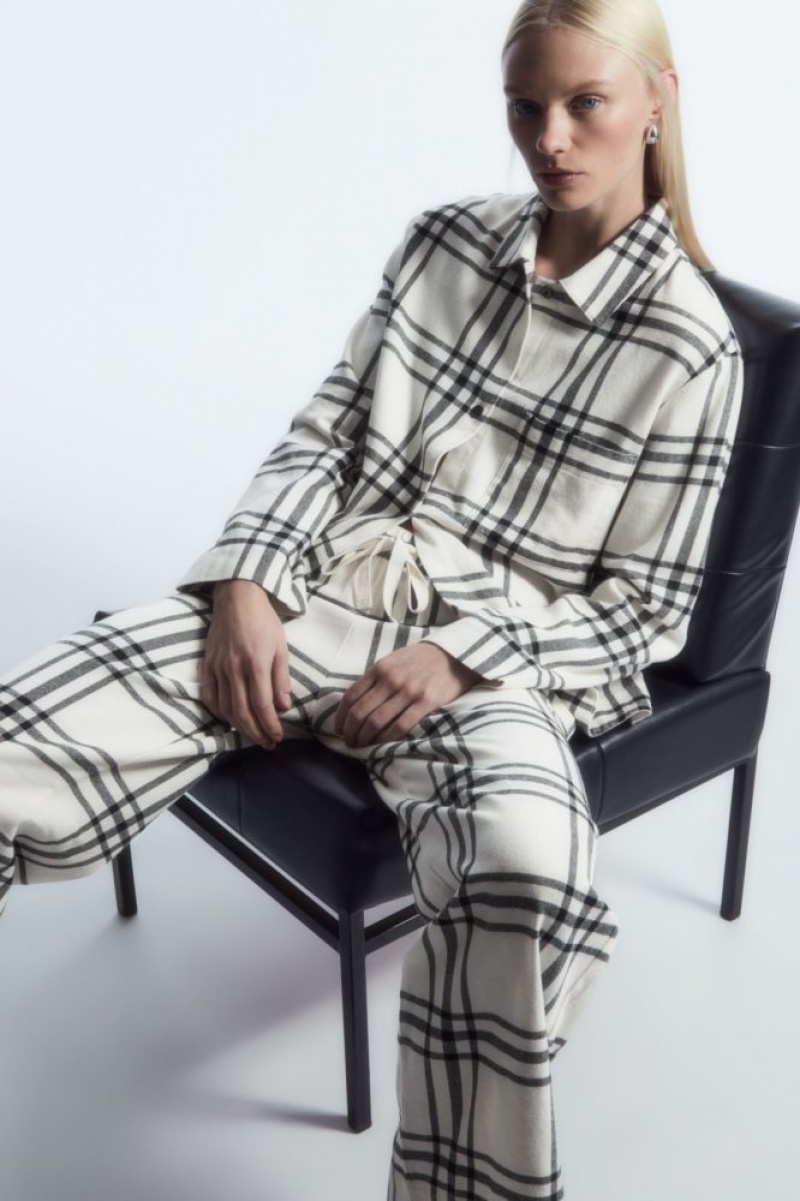 White / Black Cos Checked Flannel Pajama Set | FGPHL7539