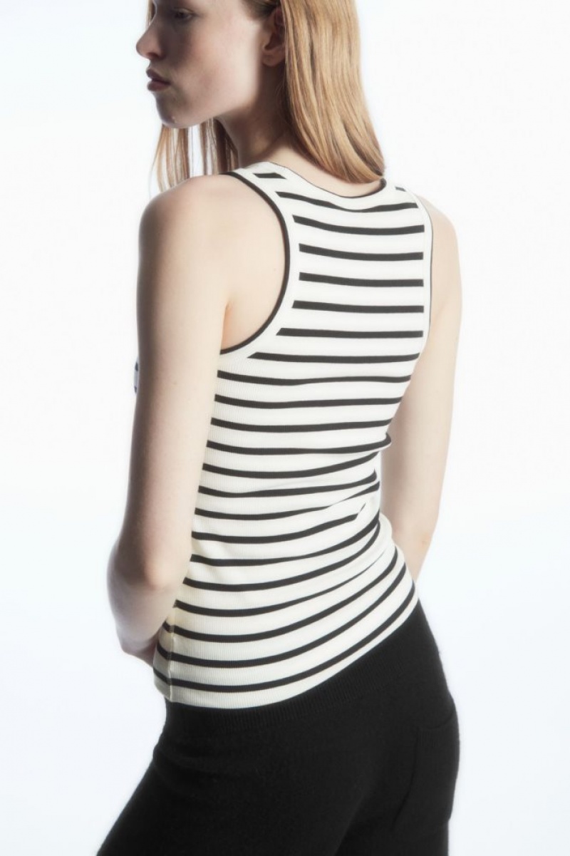 White / Navy Cos Ribbed Tank Top | HUZMG2871