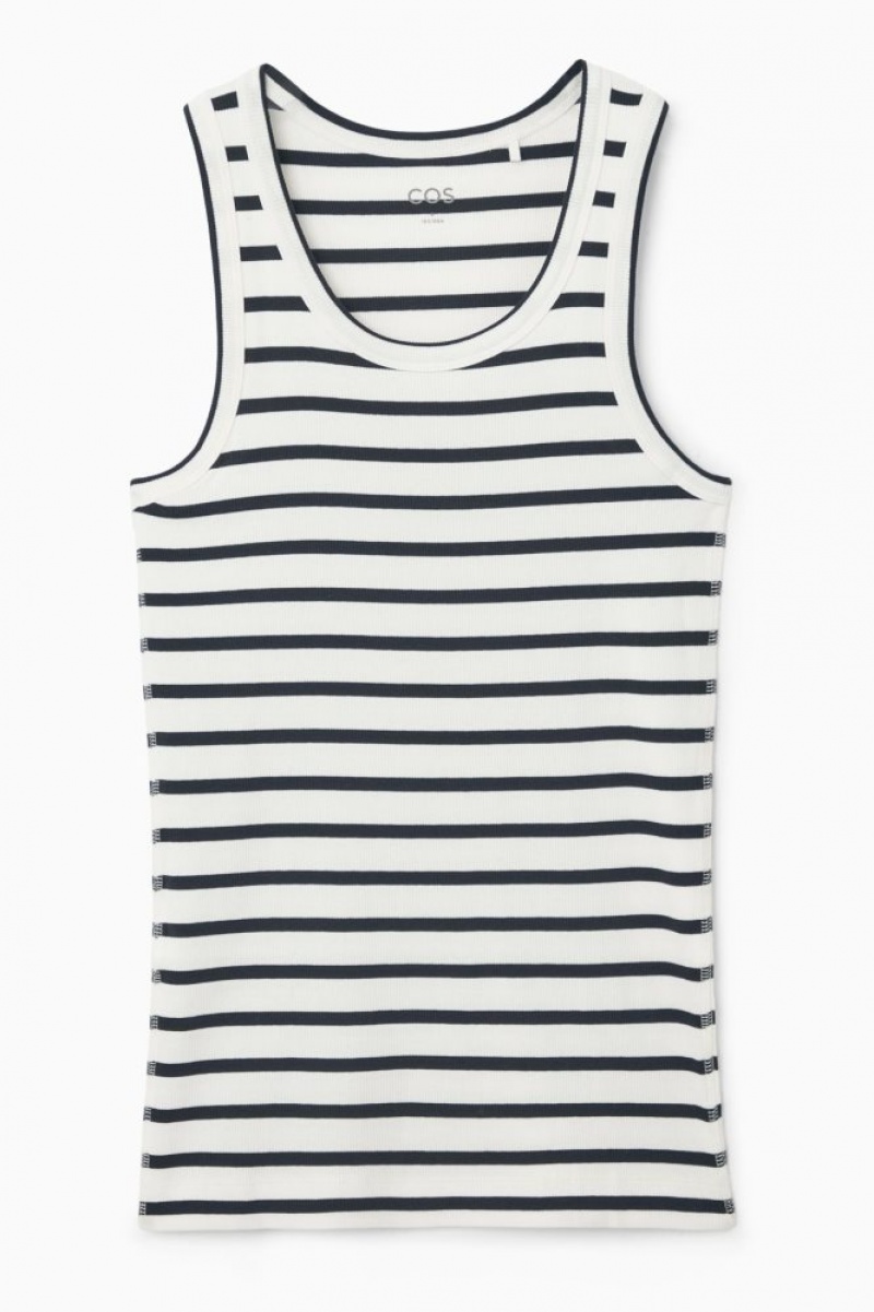 White / Navy Cos Ribbed Tank Top | HUZMG2871